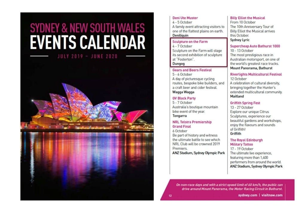 SCULPTURE ON THE FARM features on PAGE 12 of the Sydney & New South Wales Events Calendar for July 2019 – June 2020