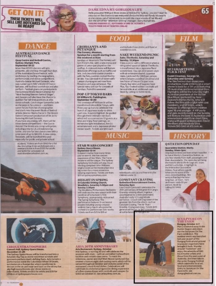 SCULPTURE ON THE FARM features on PAGE 65 of The Daily Telegraph for 13 September 2019 edition